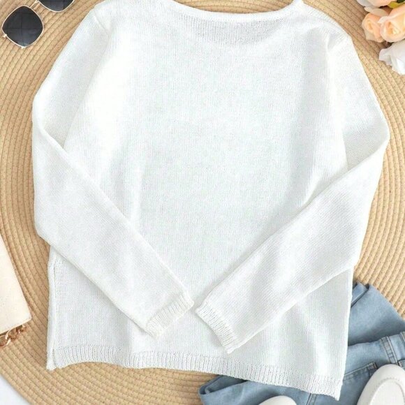 Blue And White Casual Women's Letter Pattern Long Sleeve Loose Knit Sweater - Picture 2 of 3